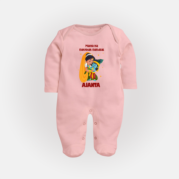 Maiya Ka Natkhat Nandlal Sleep Suit / Full Sleeve Bodysuit | Personalized Sleep Suit / Full Sleeve Bodysuit for Krishna's Mischievous Side - BABY PINK - New Born (Chest 7.5")