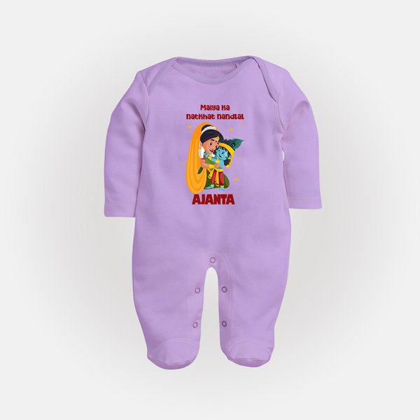 Maiya Ka Natkhat Nandlal Sleep Suit / Full Sleeve Bodysuit | Personalized Sleep Suit / Full Sleeve Bodysuit for Krishna's Mischievous Side - LILAC - New Born (Chest 7.5")