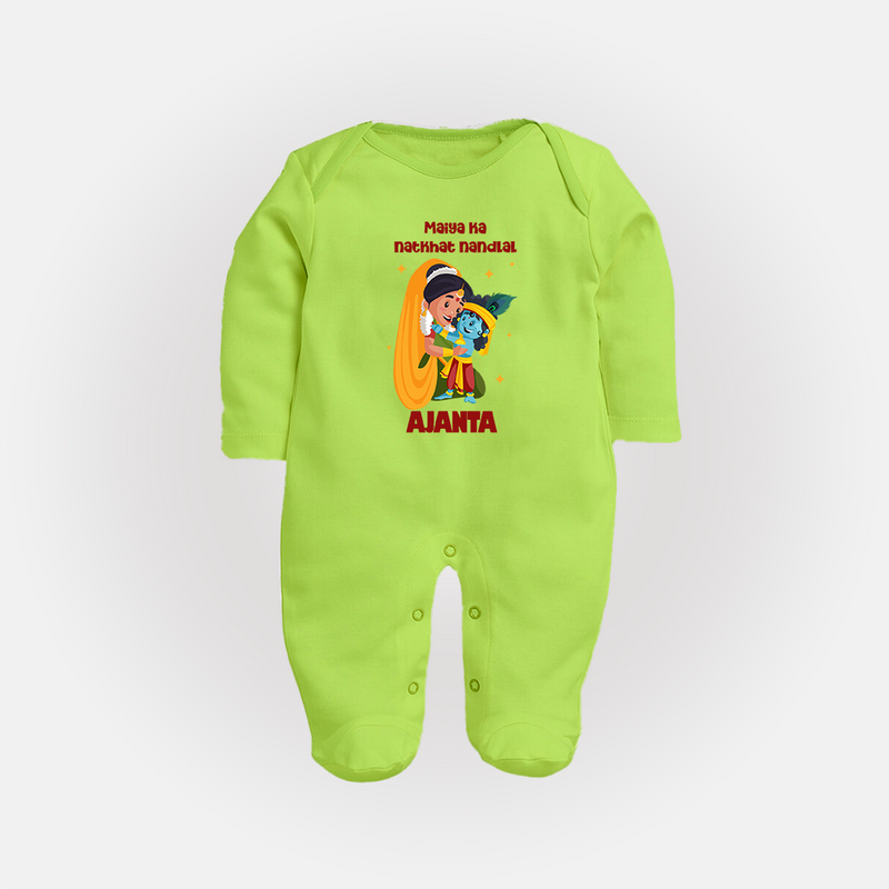 Maiya Ka Natkhat Nandlal Sleep Suit / Full Sleeve Bodysuit | Personalized Sleep Suit / Full Sleeve Bodysuit for Krishna's Mischievous Side - LIME GREEN - New Born (Chest 7.5")