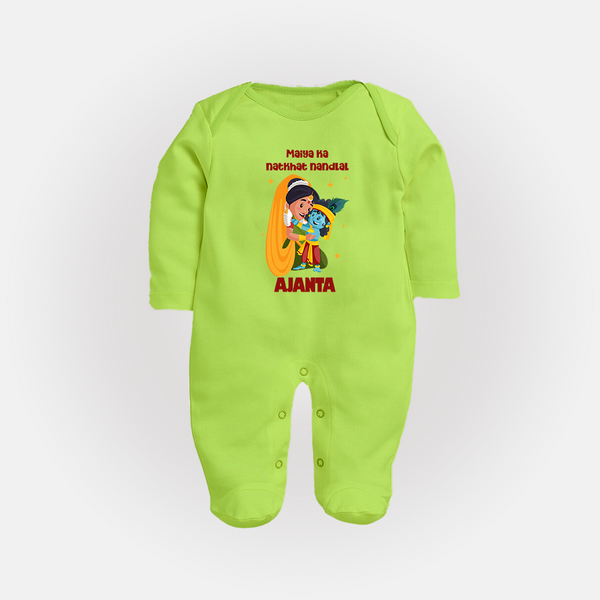 Maiya Ka Natkhat Nandlal Sleep Suit / Full Sleeve Bodysuit | Personalized Sleep Suit / Full Sleeve Bodysuit for Krishna's Mischievous Side - LIME GREEN - New Born (Chest 7.5")