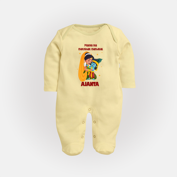 Maiya Ka Natkhat Nandlal Sleep Suit / Full Sleeve Bodysuit | Personalized Sleep Suit / Full Sleeve Bodysuit for Krishna's Mischievous Side - PASTEL YELLOW - New Born (Chest 7.5")