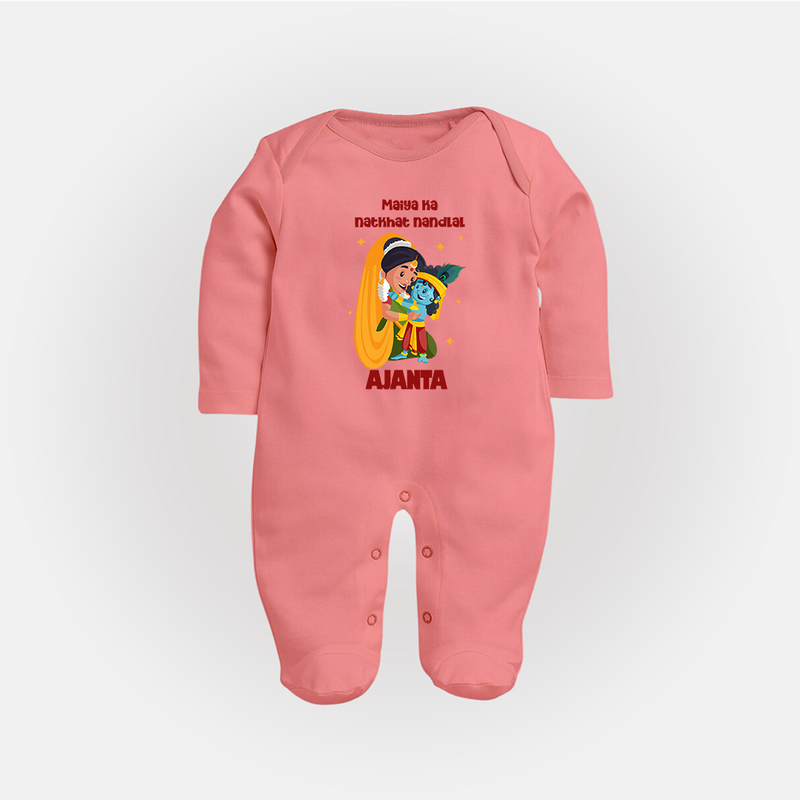 Maiya Ka Natkhat Nandlal Sleep Suit / Full Sleeve Bodysuit | Personalized Sleep Suit / Full Sleeve Bodysuit for Krishna's Mischievous Side - PEACH - New Born (Chest 7.5")