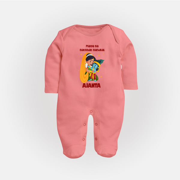 Maiya Ka Natkhat Nandlal Sleep Suit / Full Sleeve Bodysuit | Personalized Sleep Suit / Full Sleeve Bodysuit for Krishna's Mischievous Side - PEACH - New Born (Chest 7.5")