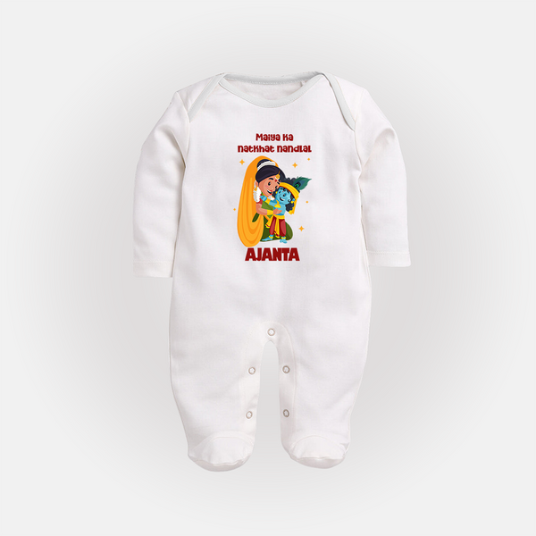 Maiya Ka Natkhat Nandlal Sleep Suit / Full Sleeve Bodysuit | Personalized Sleep Suit / Full Sleeve Bodysuit for Krishna's Mischievous Side - WHITE - New Born (Chest 7.5")