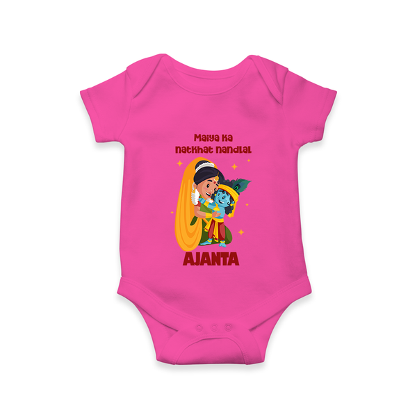 Maiya Ka Natkhat Nandlal Romper / Onesie | Personalized Romper / Onesie for Krishna's Mischievous Side - HOT PINK - New Born (Chest 14")