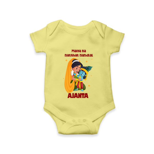 Maiya Ka Natkhat Nandlal Romper / Onesie | Personalized Romper / Onesie for Krishna's Mischievous Side - PASTEL YELLOW - New Born (Chest 14")