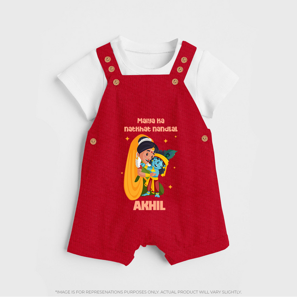 Maiya Ka Natkhat Nandlal Dungaree Set | Personalized Dungaree Set for Krishna's Mischievous Side - RED - 0 - 5 Months Old (Chest 18")