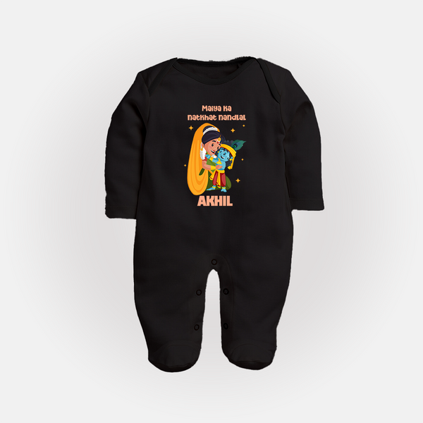 Maiya Ka Natkhat Nandlal Sleep Suit / Full Sleeve Bodysuit | Personalized Sleep Suit / Full Sleeve Bodysuit for Krishna's Mischievous Side - BLACK - New Born (Chest 7.5")