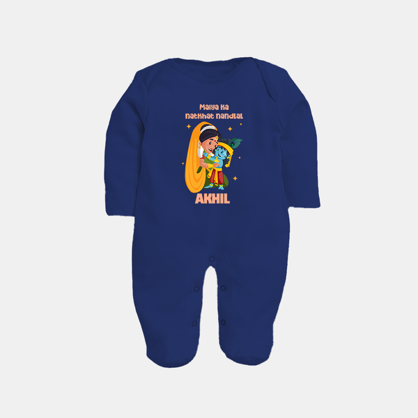 Maiya Ka Natkhat Nandlal Sleep Suit / Full Sleeve Bodysuit | Personalized Sleep Suit / Full Sleeve Bodysuit for Krishna's Mischievous Side - NAVY BLUE - New Born (Chest 7.5")