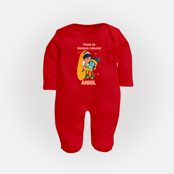 Maiya Ka Natkhat Nandlal Sleep Suit / Full Sleeve Bodysuit | Personalized Sleep Suit / Full Sleeve Bodysuit for Krishna's Mischievous Side - RED - New Born (Chest 7.5")