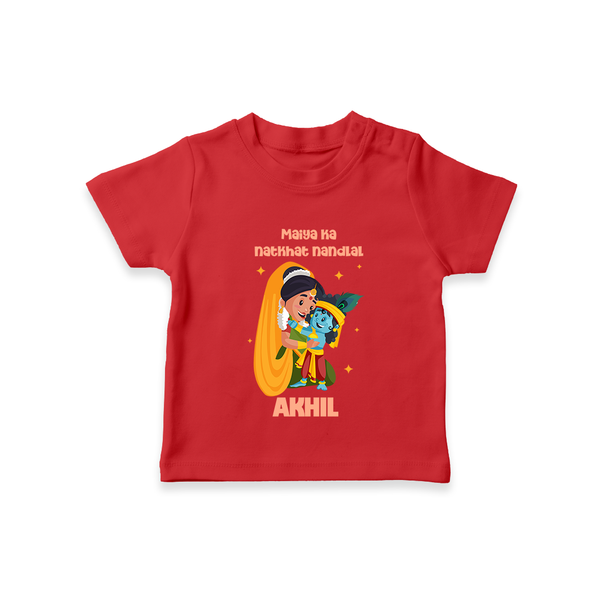 Maiya Ka Natkhat Nandlal T-shirt | Personalized T-shirt for Krishna's Mischievous Side - RED - 0-5 Months Old (Chest 17")