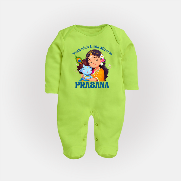 Yashoda's Little Miracle Sleep Suit | Personalized Baby Sleep Suit for Krishna's Miraculous Child - LIME GREEN - New Born (Chest 7.5")