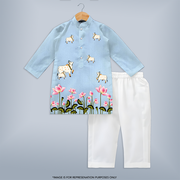 Krishna Themed Customized Kurta | Custom Baby Kurta for Krishna's Blessings - BABY BLUE - 3 - 6 Months Old (Chest 24", Kurta Length 14'', Waist 19", Pant Length 14")