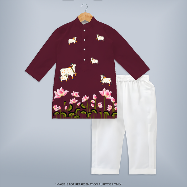 Krishna Themed Customized Kurta | Custom Baby Kurta for Krishna's Blessings - MAROON - 3 - 6 Months Old (Chest 24", Kurta Length 14'', Waist 19", Pant Length 14")