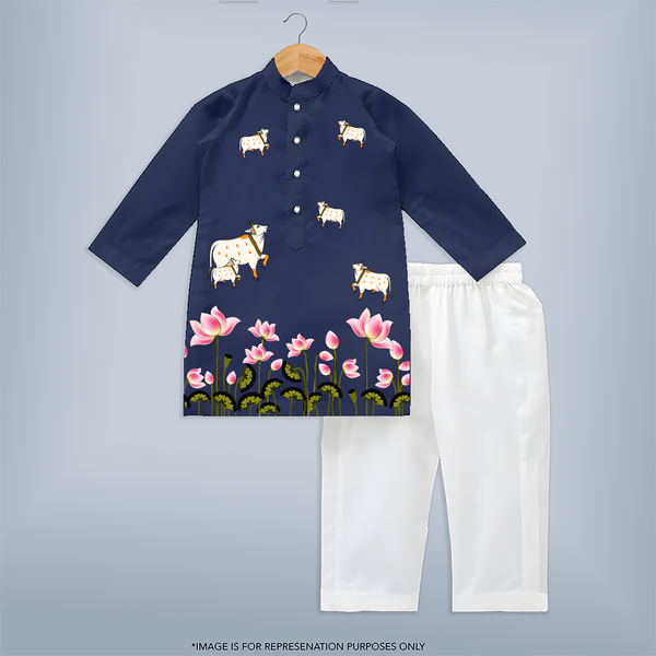 Krishna Themed Customized Kurta | Custom Baby Kurta for Krishna's Blessings - NAVY BLUE - 3 - 6 Months Old (Chest 24", Kurta Length 14'', Waist 19", Pant Length 14")