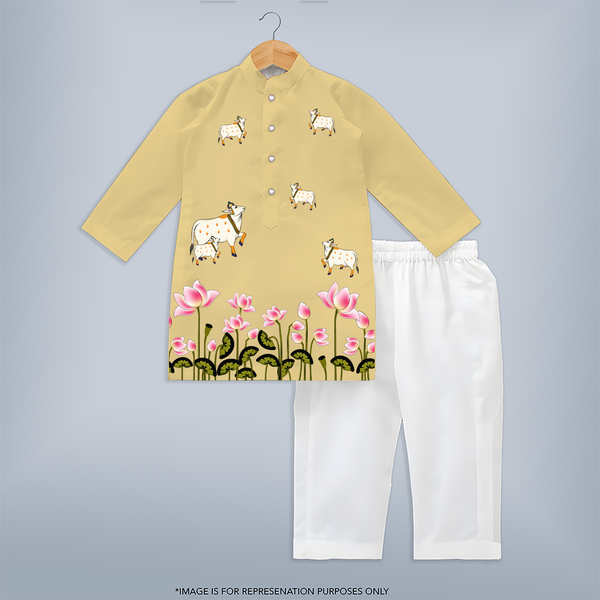 Krishna Themed Customized Kurta | Custom Baby Kurta for Krishna's Blessings - PASTEL YELLOW - 3 - 6 Months Old (Chest 24", Kurta Length 14'', Waist 19", Pant Length 14")