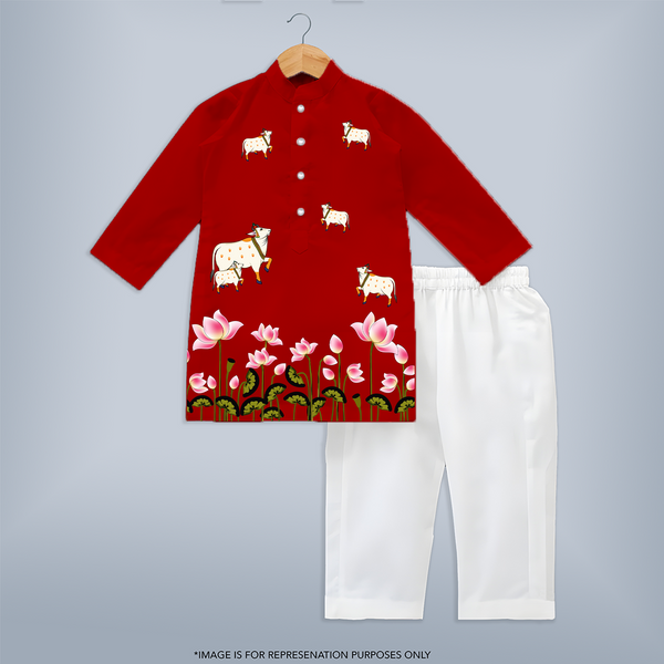 Krishna Themed Customized Kurta | Custom Baby Kurta for Krishna's Blessings - RED - 3 - 6 Months Old (Chest 24", Kurta Length 14'', Waist 19", Pant Length 14")