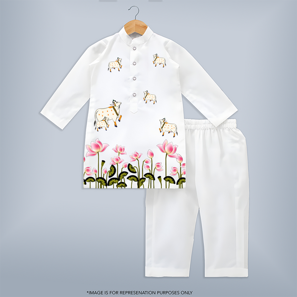 Krishna Themed Customized Kurta | Custom Baby Kurta for Krishna's Blessings - WHITE - 3 - 6 Months Old (Chest 24", Kurta Length 14'', Waist 19", Pant Length 14")
