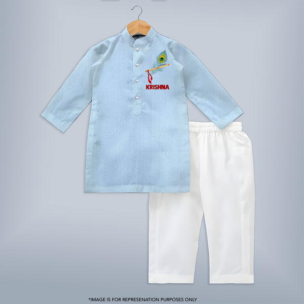 Peacock Leaf Customized Kurta | Custom Baby Kurta Inspired by Krishna's Feathers - BABY BLUE - 3 - 6 Months Old (Chest 24", Kurta Length 14'', Waist 19", Pant Length 14")