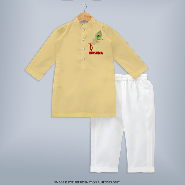 Peacock Leaf Customized Kurta | Custom Baby Kurta Inspired by Krishna's Feathers - PASTEL YELLOW - 3 - 6 Months Old (Chest 24", Kurta Length 14'', Waist 19", Pant Length 14")
