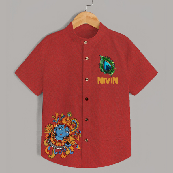 Peacock Leaf Shirt | Custom Baby Shirt Inspired by Krishna's Feathers - RED - 0 - 6 Months Old (Chest 23")