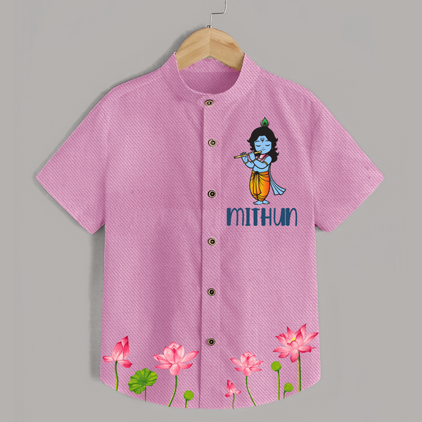 Krishna Lotus Shirt | Personalized Baby Shirt for Krishna's Devotee - BABY PINK - 0 - 6 Months Old (Chest 23")