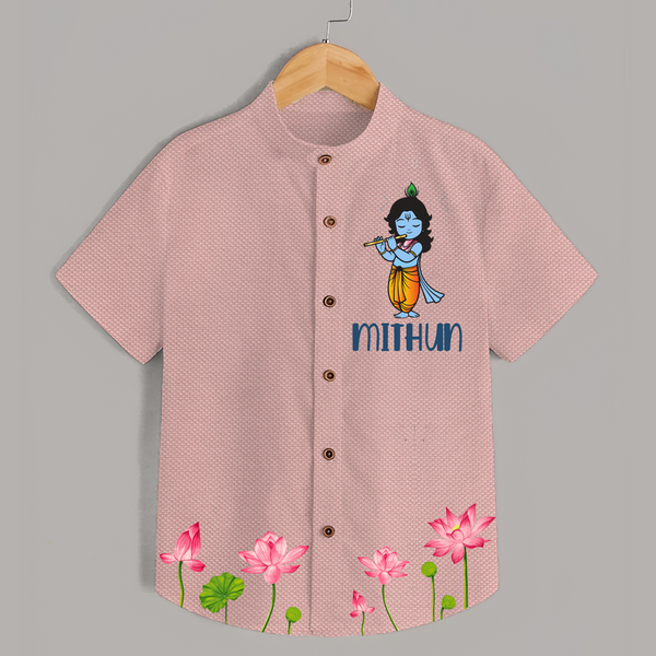 Krishna Lotus Shirt | Personalized Baby Shirt for Krishna's Devotee - PEACH - 0 - 6 Months Old (Chest 23")