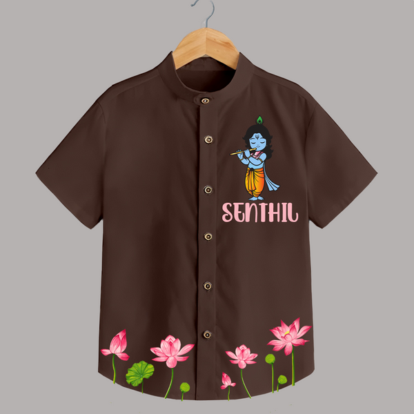 Krishna Lotus Shirt | Personalized Baby Shirt for Krishna's Devotee - CHOCOLATE BROWN - 0 - 6 Months Old (Chest 23")