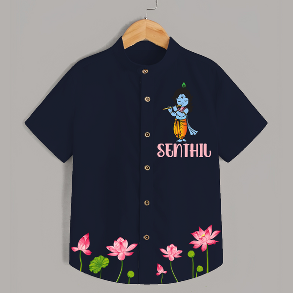 Krishna Lotus Shirt | Personalized Baby Shirt for Krishna's Devotee - NAVY BLUE - 0 - 6 Months Old (Chest 23")