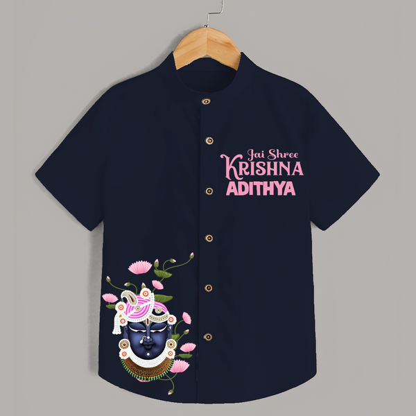 Jai Shree Krishna Shirt | Custom Baby Shirt Celebrating Lord Krishna - NAVY BLUE - 0 - 6 Months Old (Chest 23")