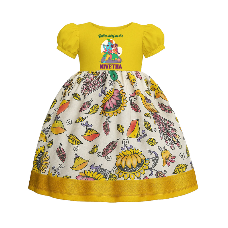 Butter Thief Bestie Baby Pattupavadai | Baby Pattupavadai with Krishna Printed Design - LIGHT YELLOW - 0 - 3 Months Old (Chest 18")