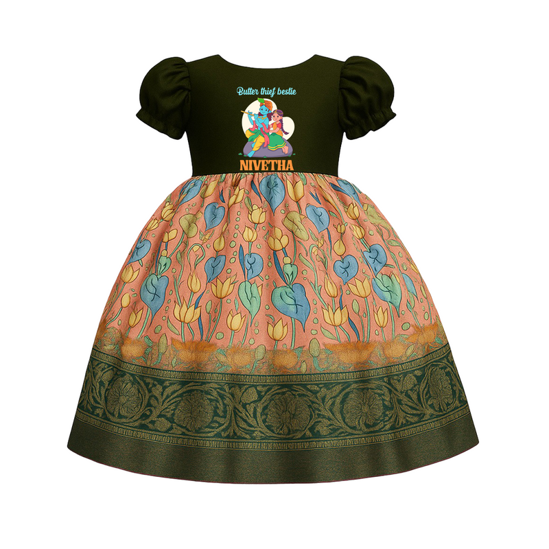 Butter Thief Bestie Baby Pattupavadai | Baby Pattupavadai with Krishna Printed Design - DARK GREEN - 0 - 3 Months Old (Chest 18")