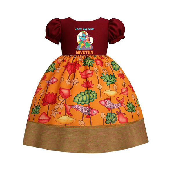 Butter Thief Bestie Baby Pattupavadai | Baby Pattupavadai with Krishna Printed Design - RED - 0 - 3 Months Old (Chest 18")