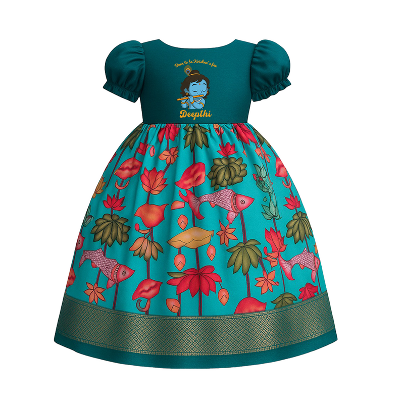 Born To Be Krishna's Fav - Pattupavadai | Custom Baby Pattupavadai Featuring Krishna's Flute - TEAL - 0 - 3 Months Old (Chest 18")