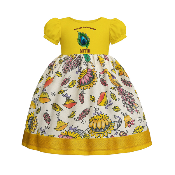 Peacock Feather Power | Baby Pattupavadai with Peacock Image Print - LIGHT YELLOW - 0 - 3 Months Old (Chest 18")
