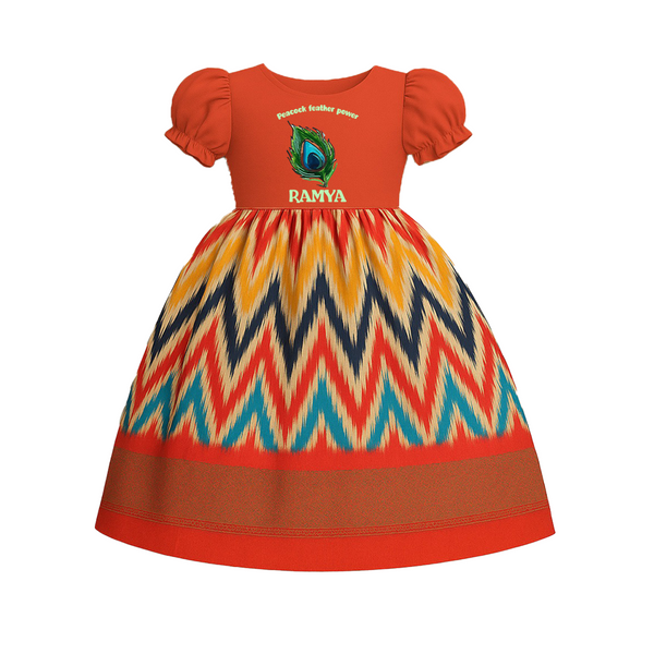 Peacock Feather Power | Baby Pattupavadai with Peacock Image Print - ORANGE - 0 - 3 Months Old (Chest 18")