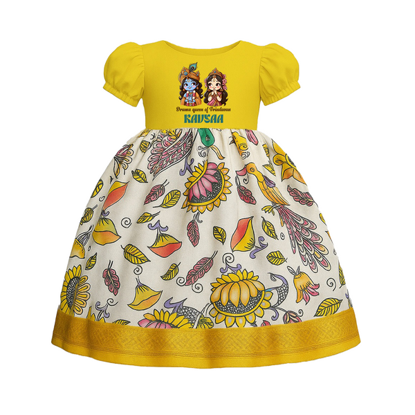Drama Queen Of Vrindavan Printed Baby Pattupavadai | Personalized Krishna Design Baby Pattupavadai - LIGHT YELLOW - 0 - 3 Months Old (Chest 18")