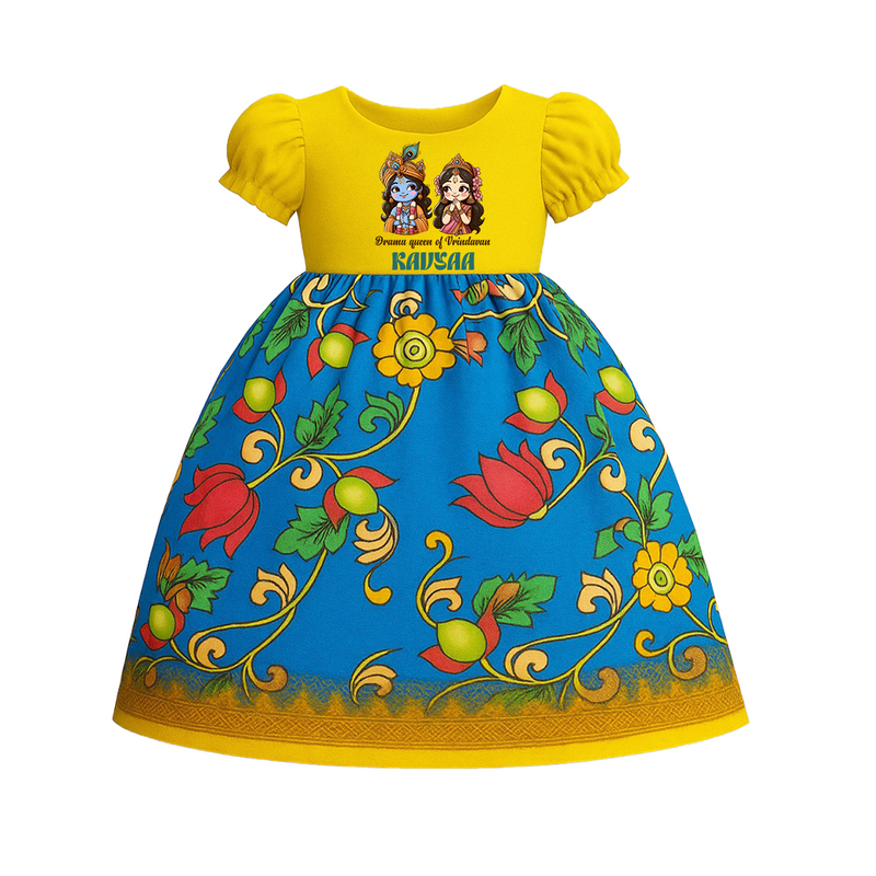 Drama Queen Of Vrindavan Printed Baby Pattupavadai | Personalized Krishna Design Baby Pattupavadai - YELLOW - 0 - 3 Months Old (Chest 18")