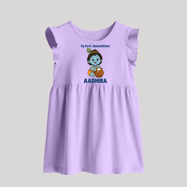 My First Janmashtami Little Krishna Butter Pot Print Baby Frock - LILAC - 0 - 3 Months Old (Chest 17")