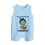 My First Janmashtami Little Krishna Butter Pot Print Button Romper - BABY BLUE - New Born (Chest 18")