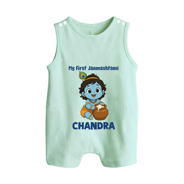 My First Janmashtami Little Krishna Butter Pot Print Button Romper - MINT GREEN - New Born (Chest 18")