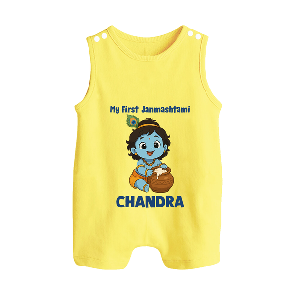 My First Janmashtami Little Krishna Butter Pot Print Button Romper - PASTEL YELLOW - New Born (Chest 18")