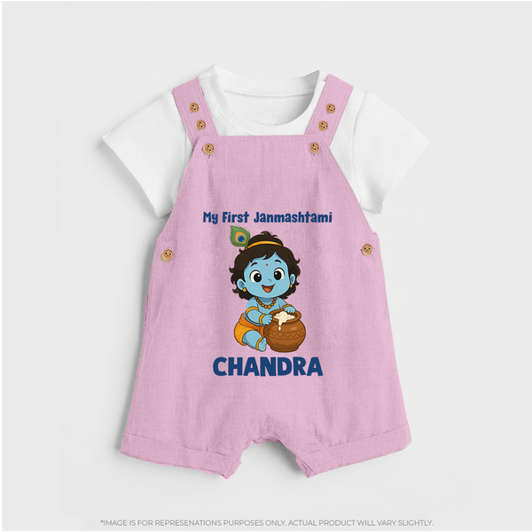 My First Janmashtami Little Krishna Butter Pot Print Dungaree - BABY PINK - 0 - 5 Months Old (Chest 18")