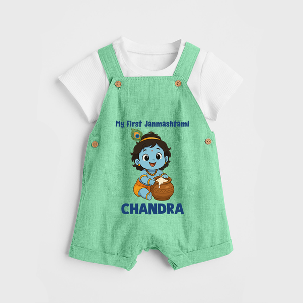 My First Janmashtami Little Krishna Butter Pot Print Dungaree - GREEN - 0 - 5 Months Old (Chest 18")