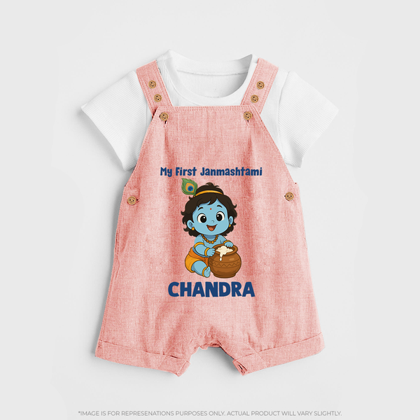 My First Janmashtami Little Krishna Butter Pot Print Dungaree - PEACH - 0 - 5 Months Old (Chest 18")