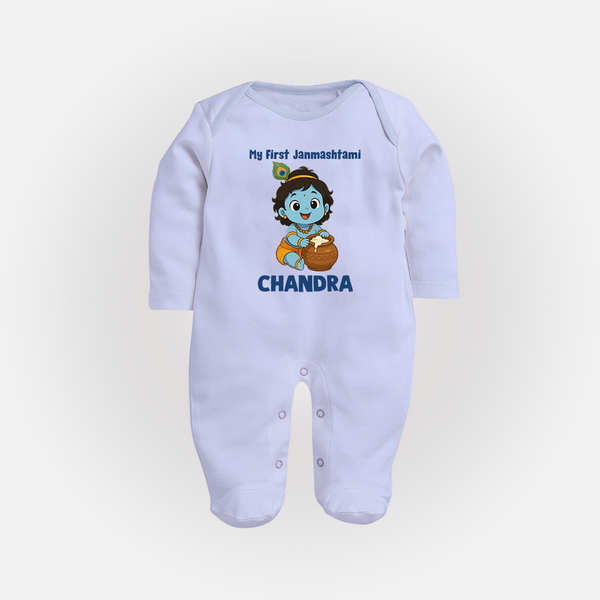 My First Janmashtami Little Krishna Butter Pot Print Fullbody suit - BABY BLUE - New Born (Chest 7.5")