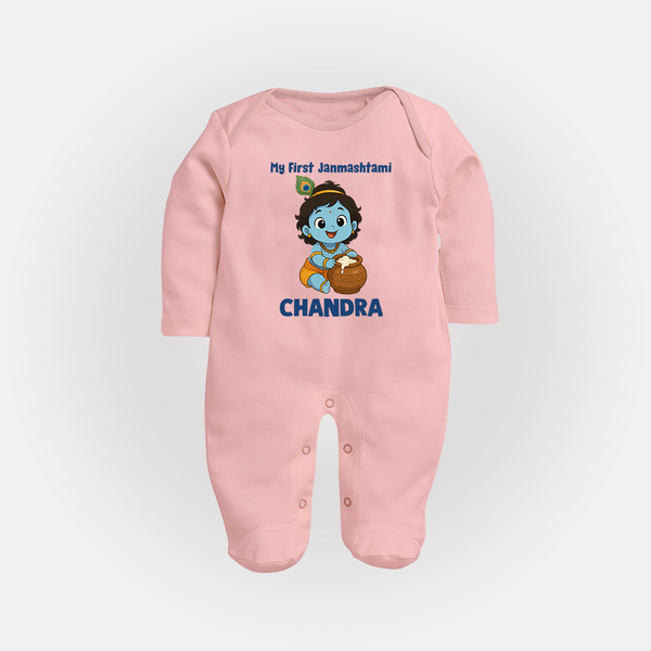 My First Janmashtami Little Krishna Butter Pot Print Fullbody suit - BABY PINK - New Born (Chest 7.5")