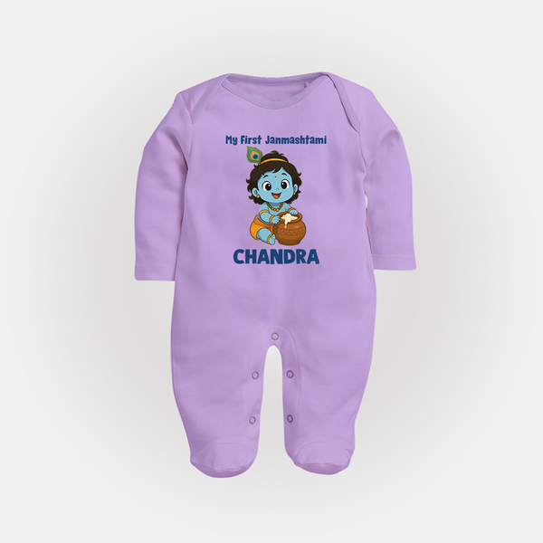 My First Janmashtami Little Krishna Butter Pot Print Fullbody suit - LILAC - New Born (Chest 7.5")