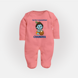 My First Janmashtami Little Krishna Butter Pot Print Fullbody suit - PEACH - New Born (Chest 7.5")