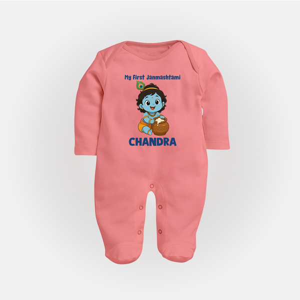 My First Janmashtami Little Krishna Butter Pot Print Fullbody suit - PEACH - New Born (Chest 7.5")